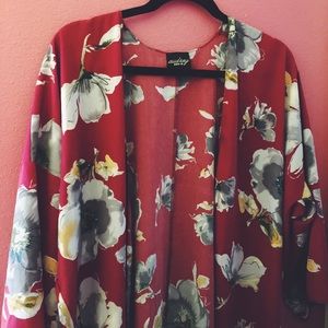 Red flower print kimono